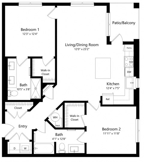 Floor plan for 2 beds, 2 baths, 1059 sqft